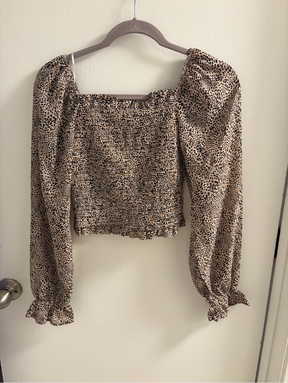 Japna Beige and Black Smocked Leopard Print Long Sleeve Blouse